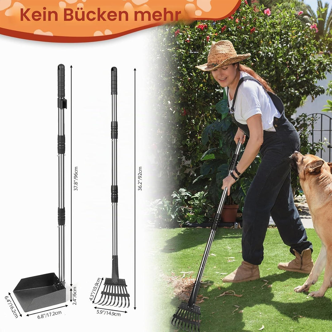 Hundekotschaufel Set mit 96cm langem Griff – Abnehmbares Metalltablett, Rechen für grosse, mittelgro