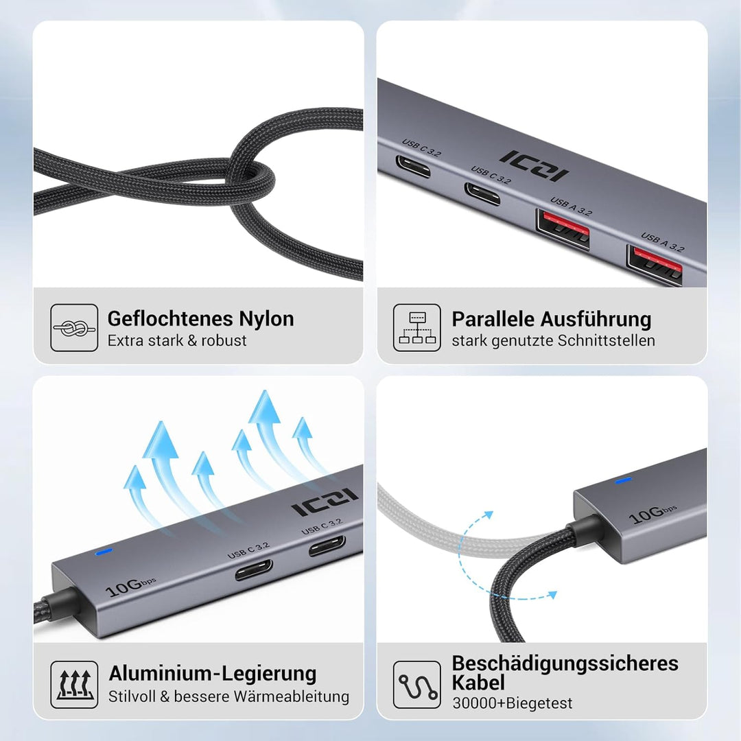 ICZI USB Hub 3.2 Verteiler 4 Port 10Gbps Mehrfachstecker USB 3.2 Gen 2 Adapter mit 120cm Kabel kompa