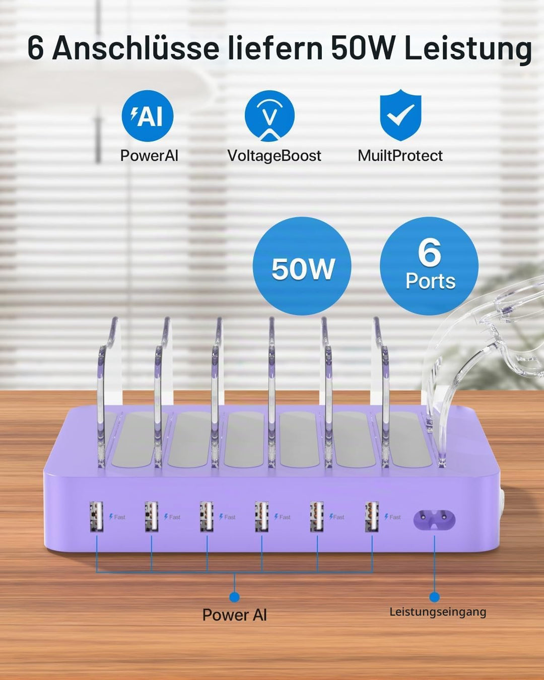 SooPii USB-Ladestation Organizer für mehrere Geräte, 6 Ports 50W Ladestation mit 6 Kabeln und aktual