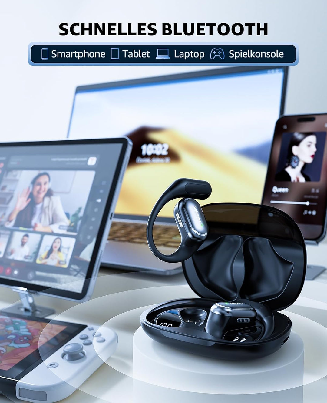"Rategist Open-Ear Bluetooth Headphones with Handle, IPX7 Waterproof for Sports