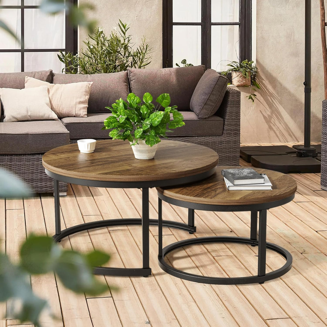 2 Stücke Beistelltisch Set rund, Couchtisch aus Holz mit Metallrahmen,Moderne Kaffeetische Satztisch