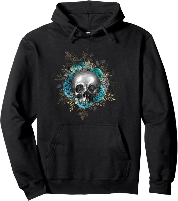 Floraler Totenschädel mit türkisfarbenen Blumen, Art Design Pullover Hoodie