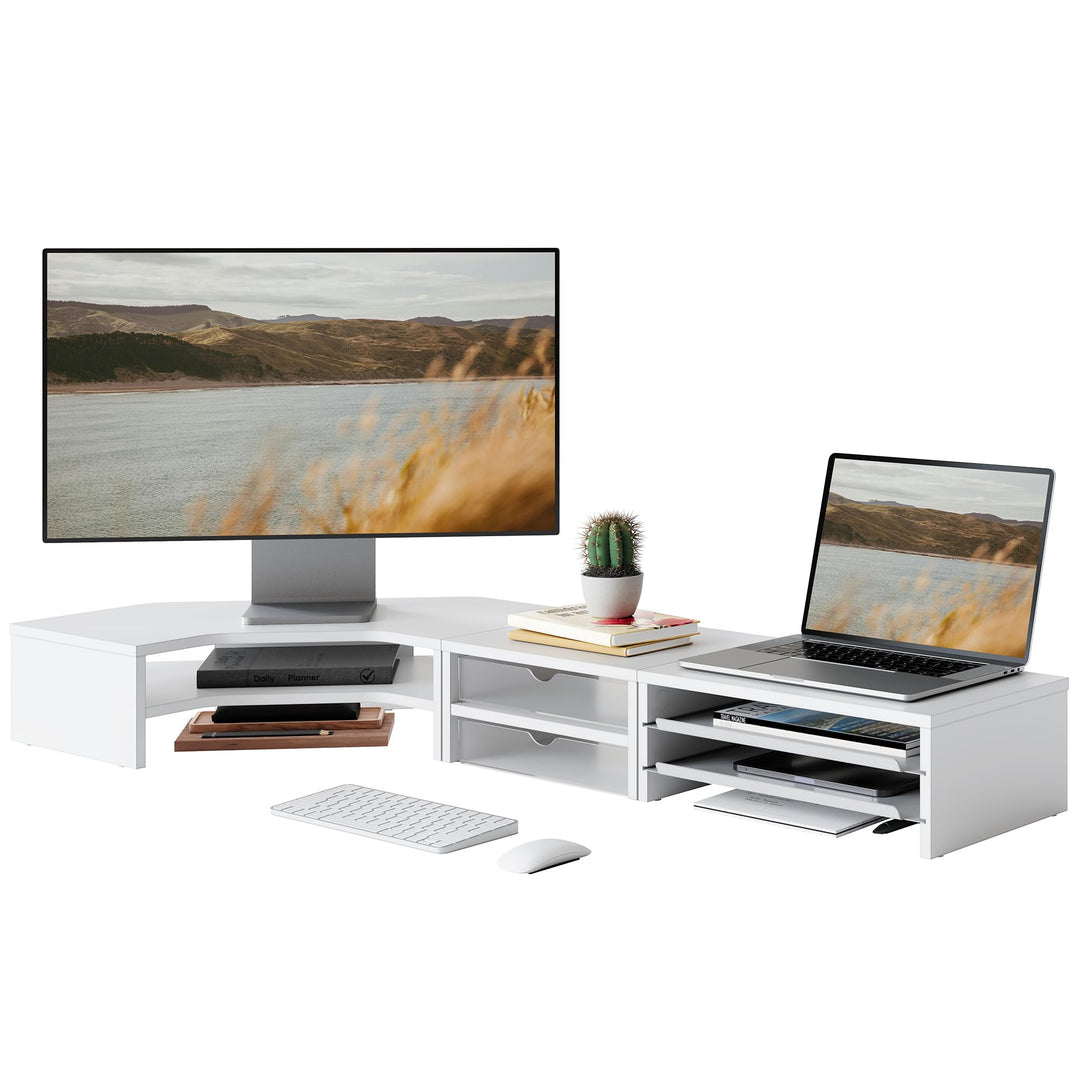 Fenge Monitorständer 3 in 1, Dual Monitor Stand mit Schublade und Ausziehbarem Tablett, L-Förmiger E