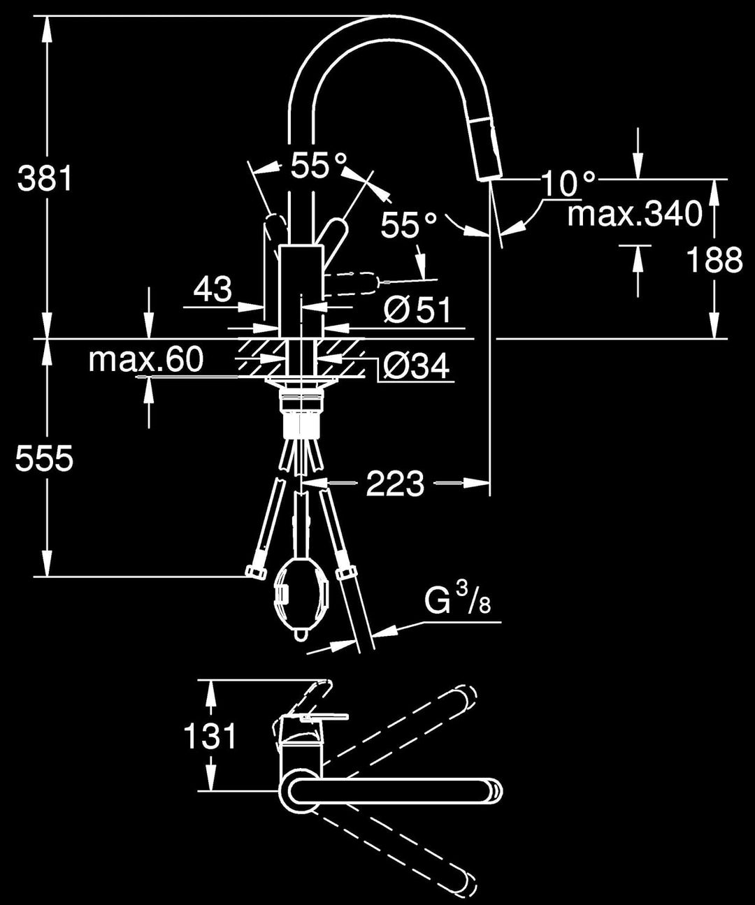 GROHE Get | Küchenarmatur - Einhand-Spültischbatterie, mit herausziehbarer Dual Spülbrause | C-Ausla