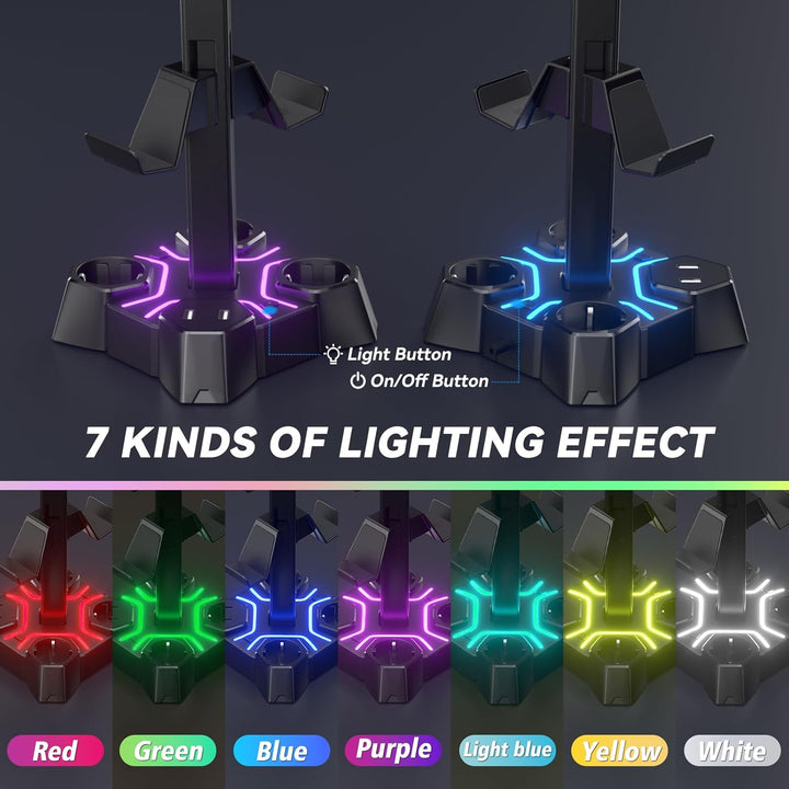 KDD Headset Halterung Led mit USB Ladestation, Controller Halterung & Kopfhörer Ständer Tisch mit 2