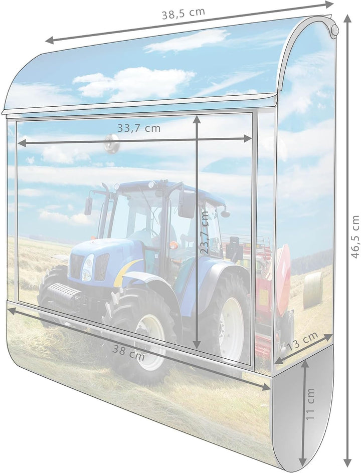 banjado® Design Briefkasten mit Motiv Traktor 39x47x14cm &amp; 2 Schlüssel - Briefkasten Stahl Silber mi