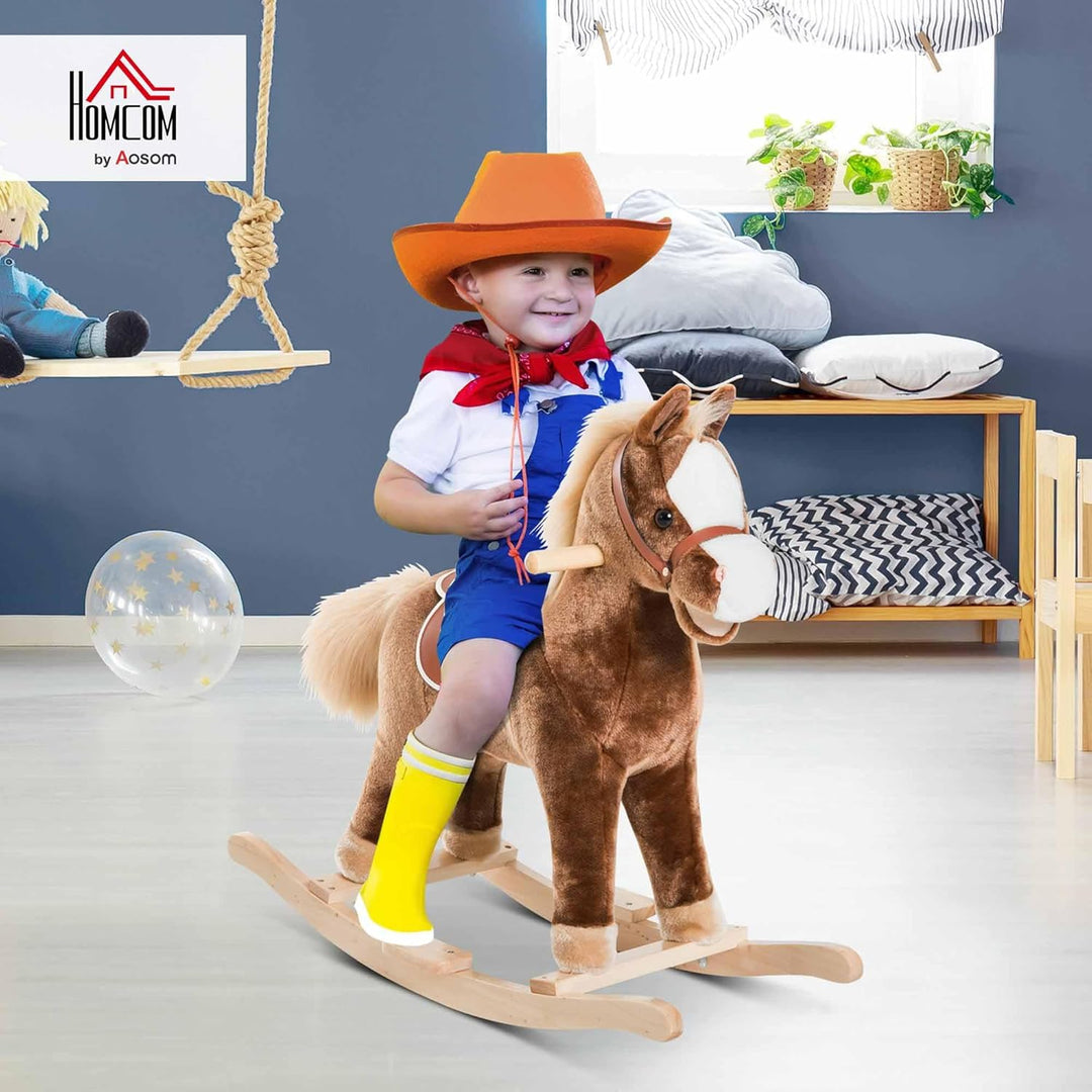 HOMCOM Schaukelpferd Schaukeltier mit Haltegriffen Plüsch Baby Schaukel Schaukelsitz für Kinder ab 3
