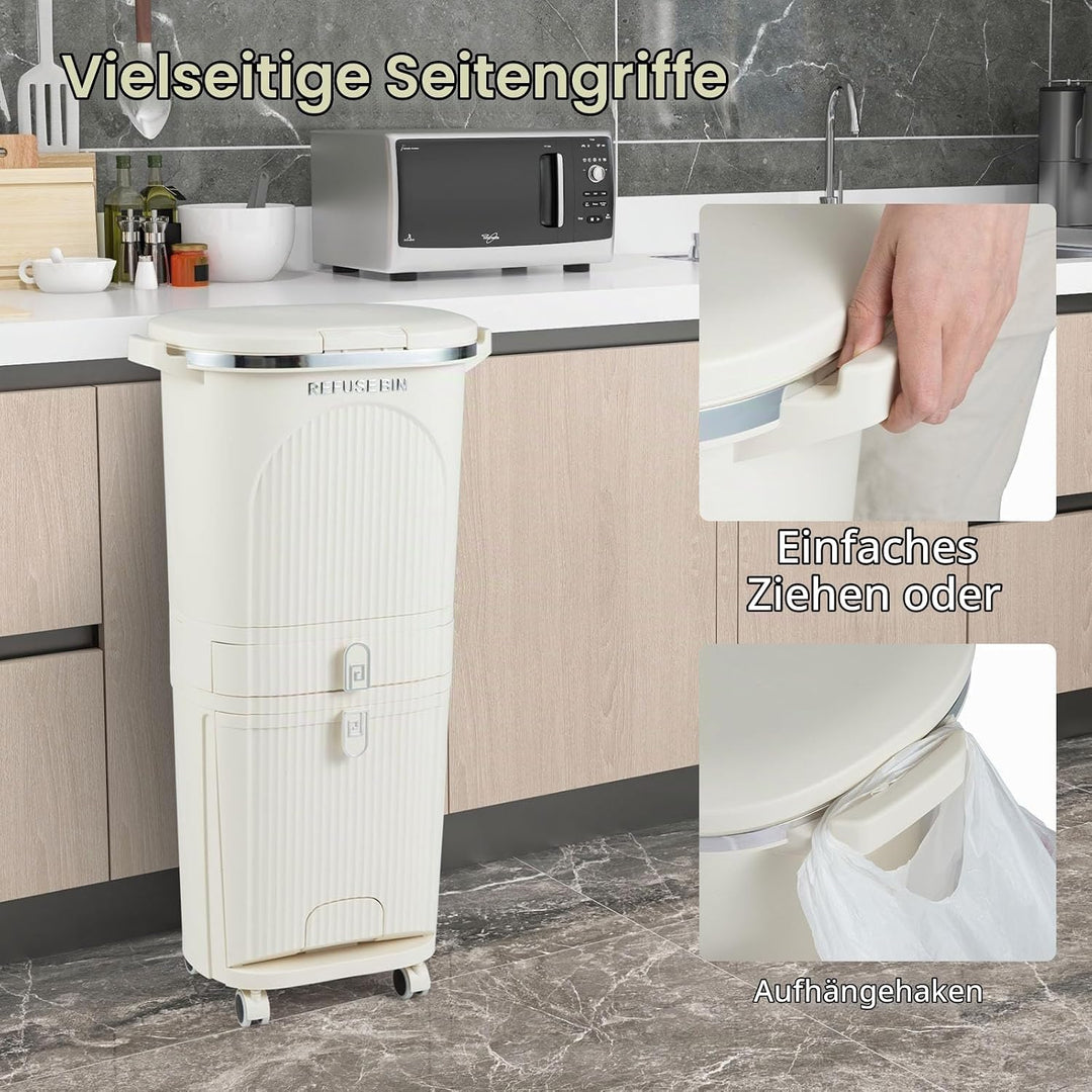 LIFEZEAL 38L / 42L Mülleimer auf Rädern, Abfalleimer mit 3 Fächern &amp; Deckel, Tretmülleimer mit Griff