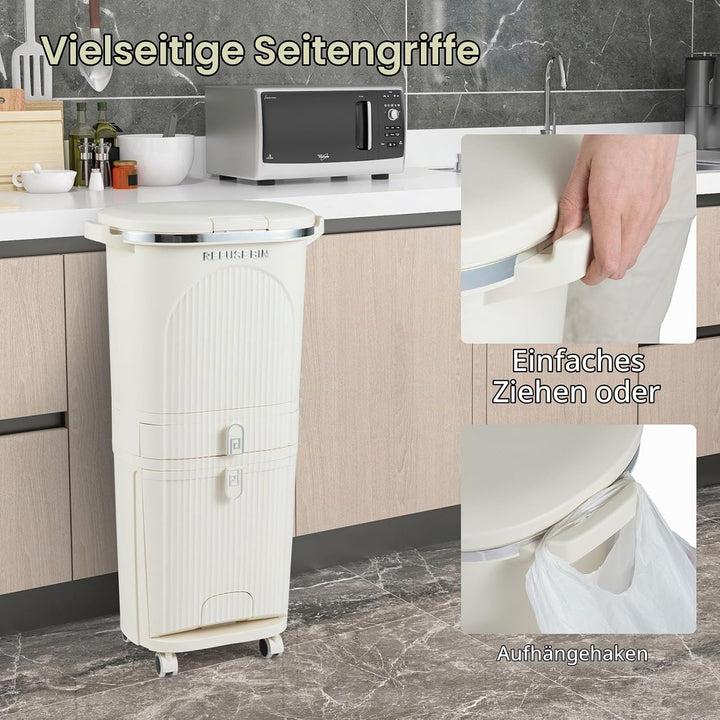 LIFEZEAL 38L / 42L Mülleimer auf Rädern, Abfalleimer mit 3 Fächern &amp; Deckel, Tretmülleimer mit Griff