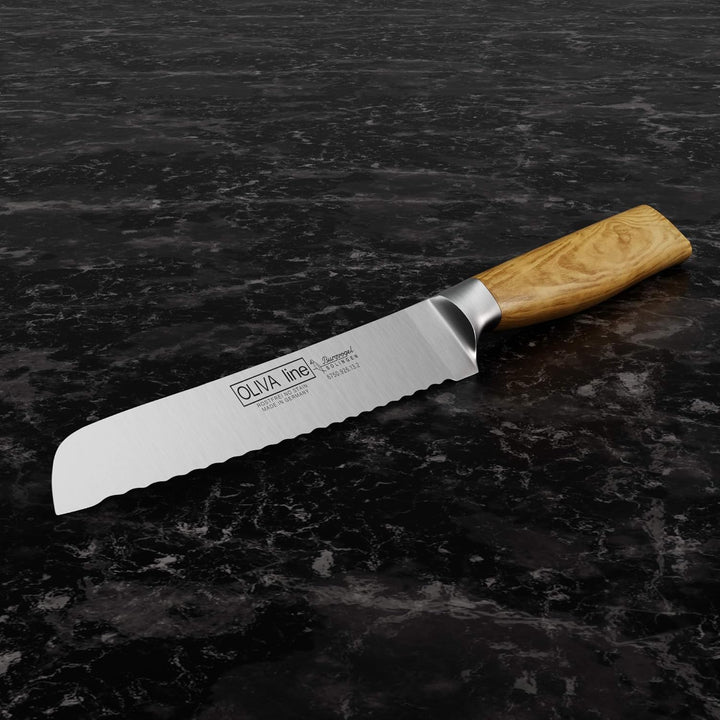 Burgvogel Solingen Brötchenmesser 13 cm geschmiedet Olivenholz, Oliva Line, Wellenschliff, rostfrei,