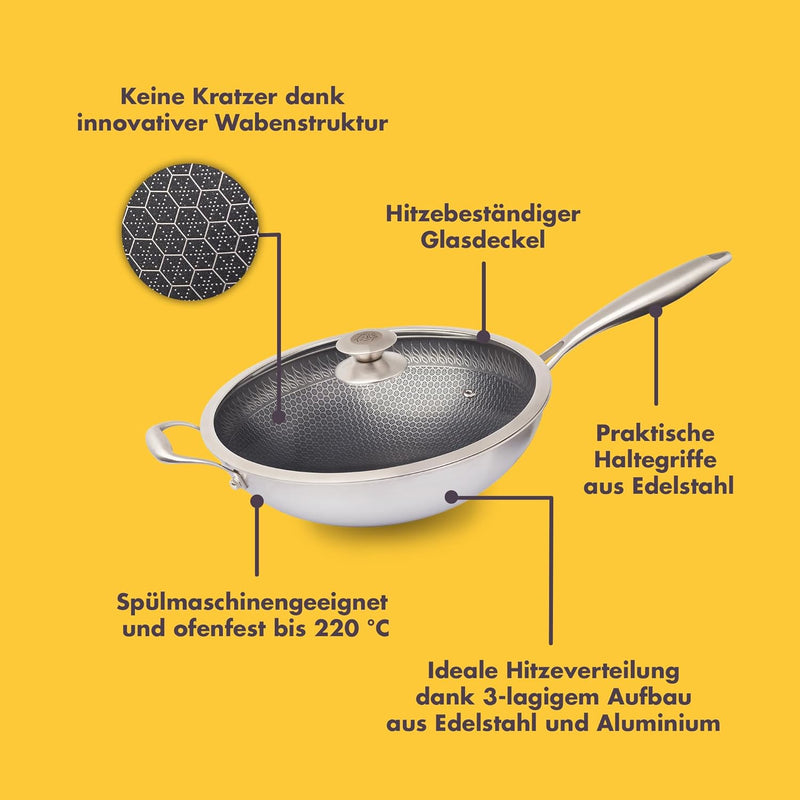 Reishunger Premium Wok aus Edelstahl | 32 cm Durchmesser | Mit Glasdeckel | Für alle Herdarten, Indu