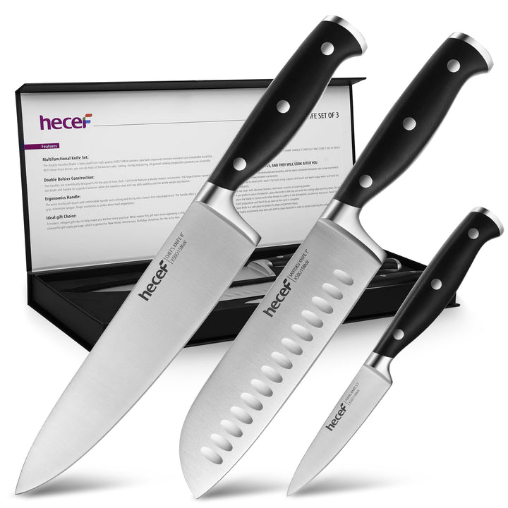 hecef Messerset, 3 tlg Küchenmesser Set mit Ergonomischer ABS-Griff, Full-tang, Scharfes Kochmesser