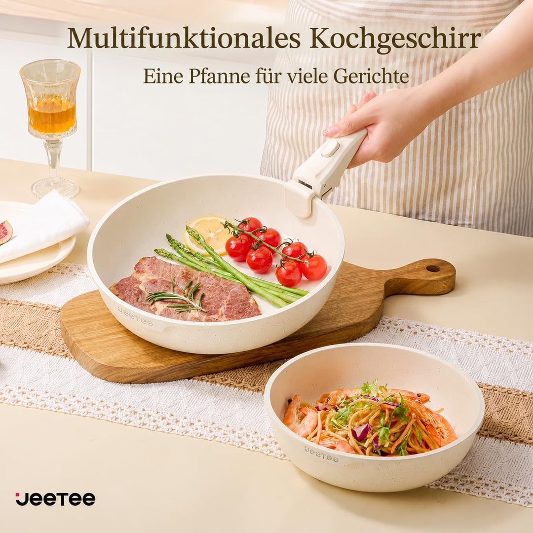 JEETEE Topf und Pfannensets mit abnehmbarem Griff 17-Teilig, Antihaft Pfanneset, Topfset Induktion,