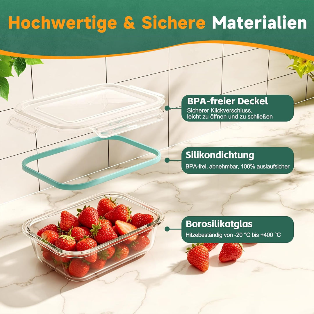 Glasbehälter mit Deckel 4er Set | Borosilikatglas Frischhaltedosen Luftdicht & Auslaufsicher | Vorra