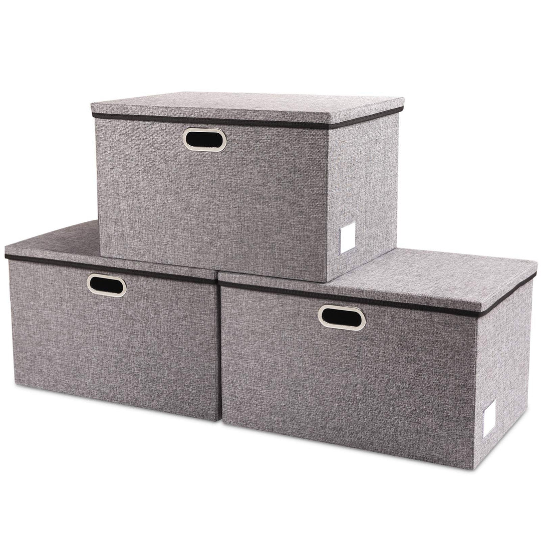 Prandom Extra grosse faltbare Aufbewahrungskörbe mit Deckel [3er-Pack] Leinenstoff Boxen Organizer C