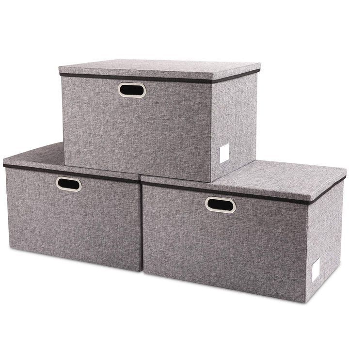 Prandom Extra grosse faltbare Aufbewahrungskörbe mit Deckel [3er-Pack] Leinenstoff Boxen Organizer C