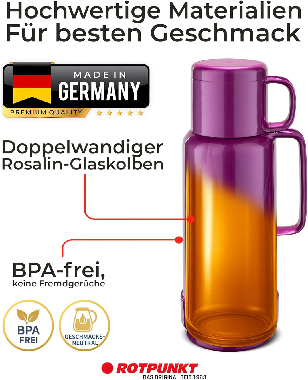 ROTPUNKT Isolierflasche 1 Liter mit integriertem Becher - Hochwertige Isolierkanne Made in Germany I