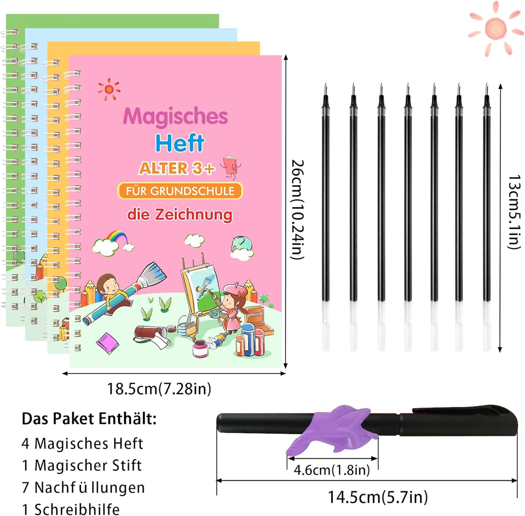Larcenciel Magische Vorschule Übungshefte, 4 Deutsche Magisches Heft + Magische Kalligraphie Stifte