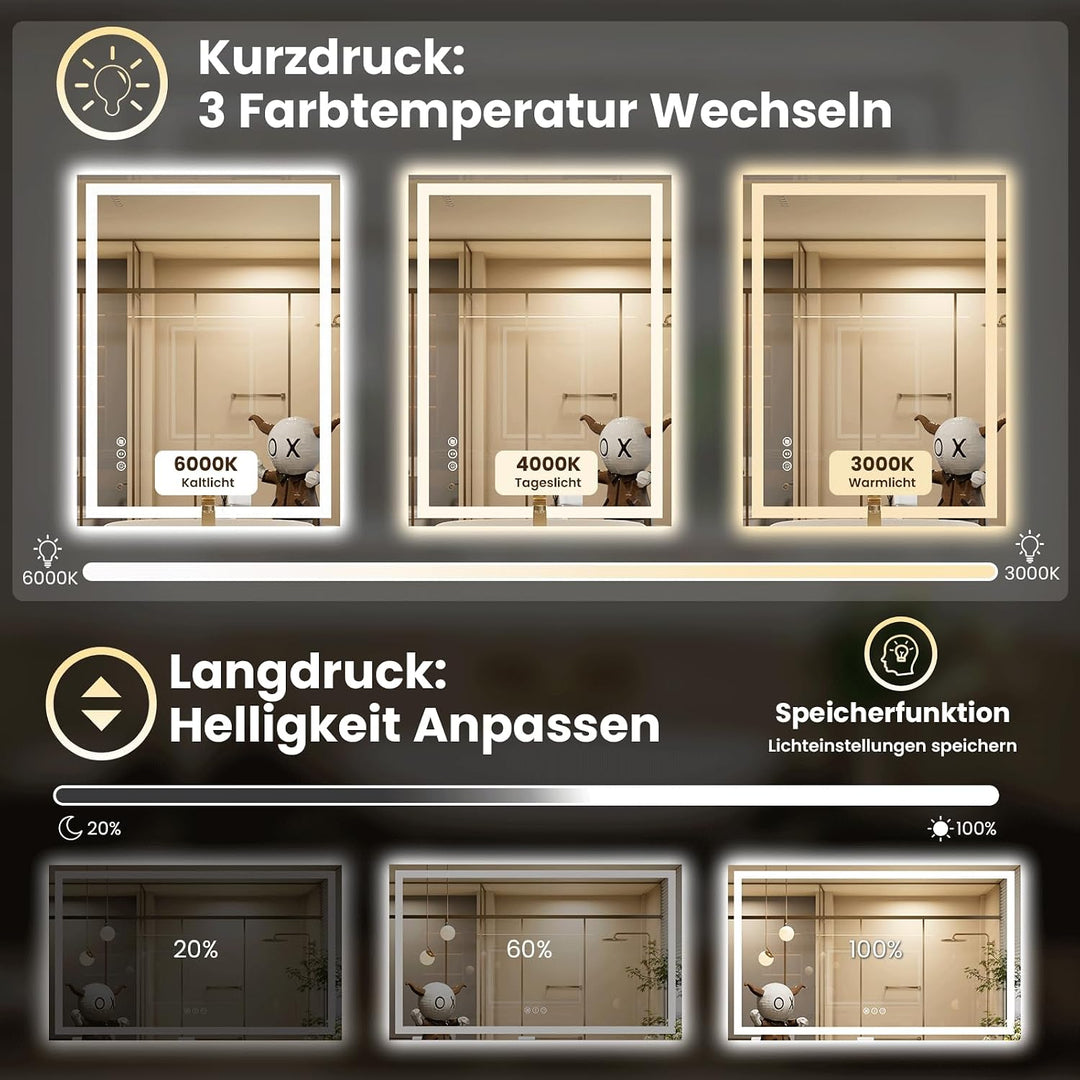 Snowdool LED-Badezimmerspiegel, 60 x 80 cm Kosmetikspiegel Mit Beleuchtung, Beleuchteter Wandspiegel