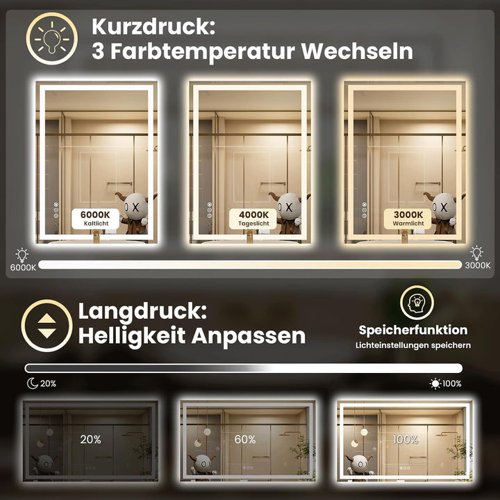 Snowdool LED-Badezimmerspiegel, 60 x 80 cm Kosmetikspiegel Mit Beleuchtung, Beleuchteter Wandspiegel