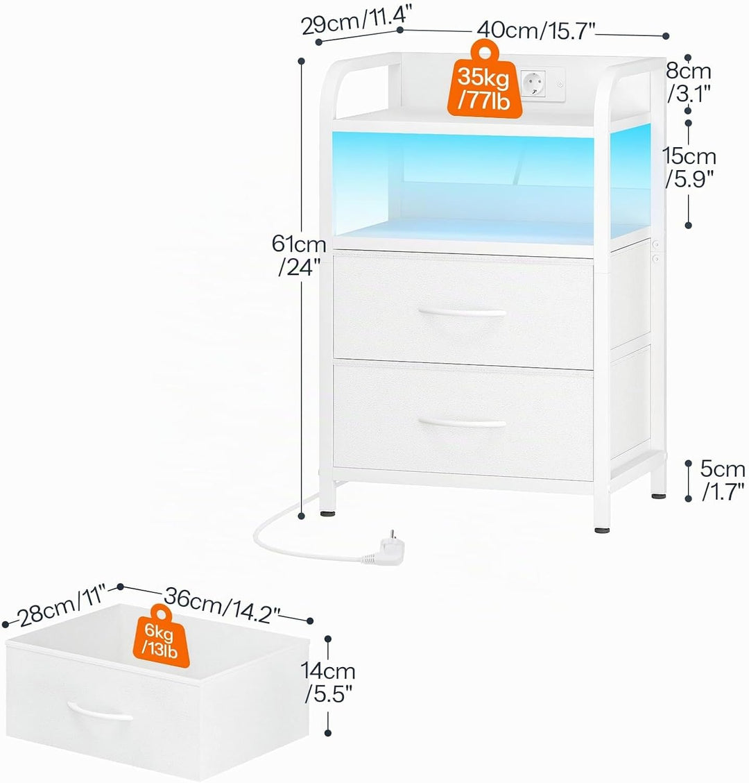 HOOBRO Nachttisch mit 2 Schubladen, Beistelltisch mit Ladestation und dimmbarer LED-Beleuchtung, Sof