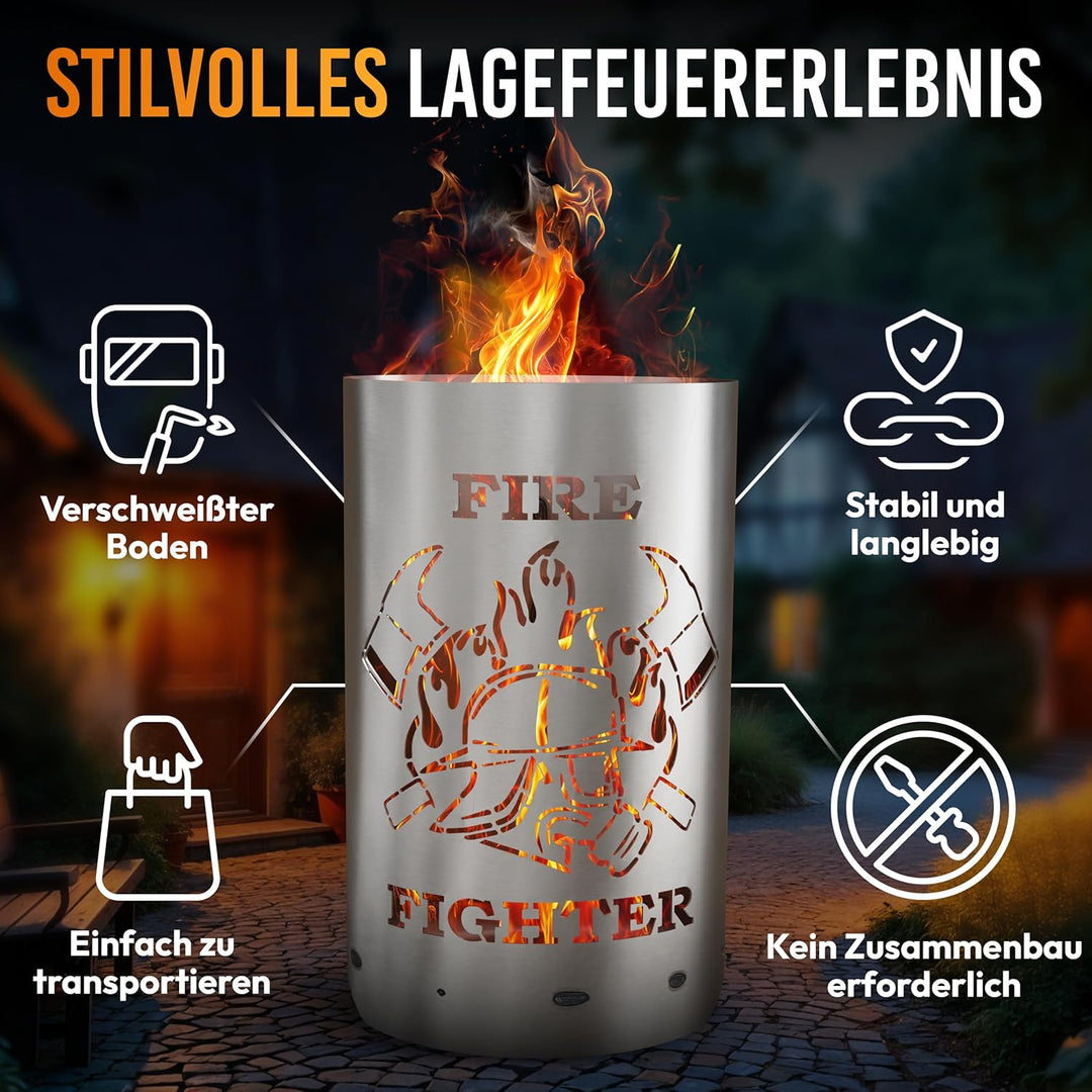 TiKo-Design Feuertonne - Lagerfeuertonne - Feuerkorb mit Firefighter/Feuerwehrmann Motiv – Verleihen