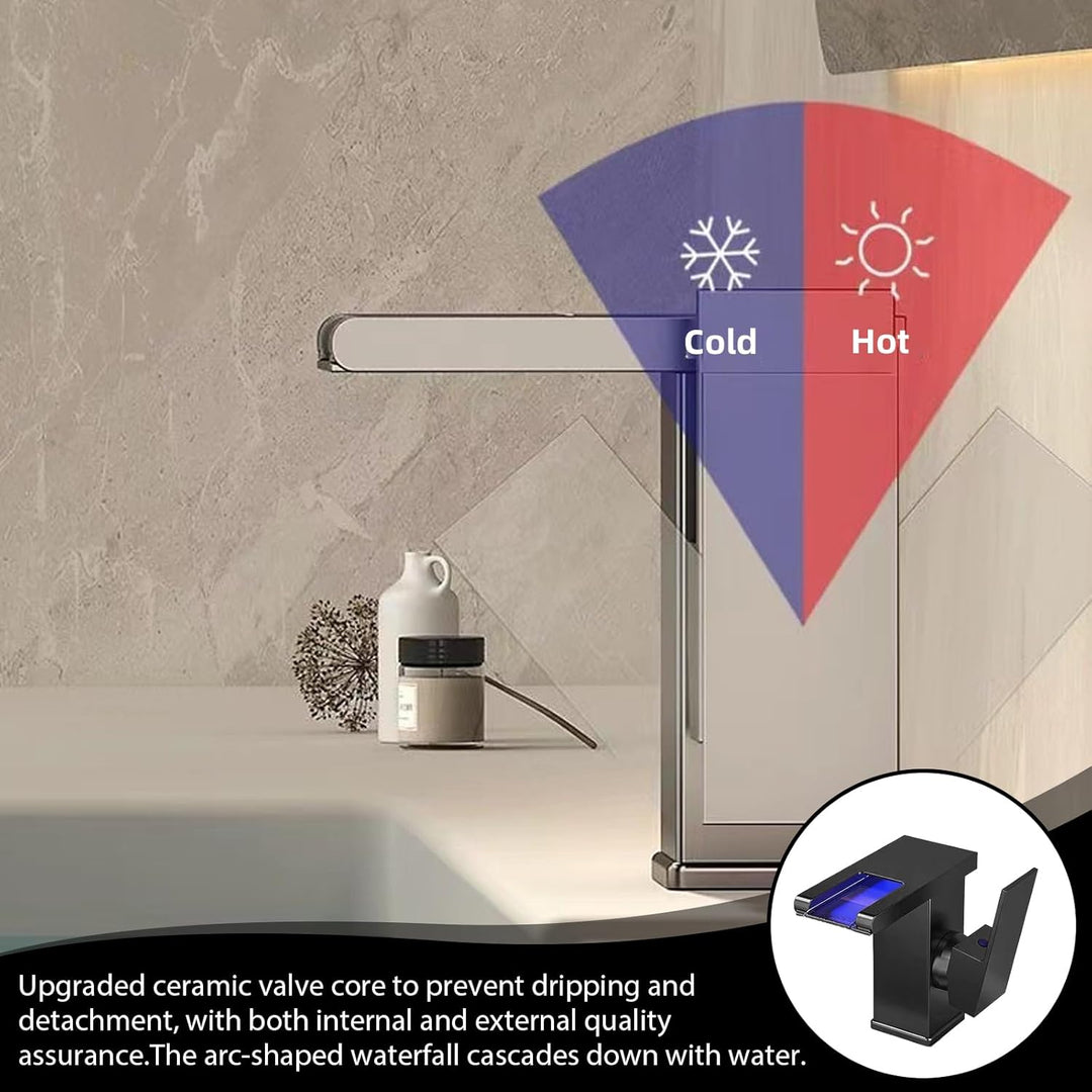 LED Lichter Bad Wasserhahn Schwarz, Wasserfall Armatur, 3 Farbe Waschbeckenarmatur, Warm- und Kaltwa