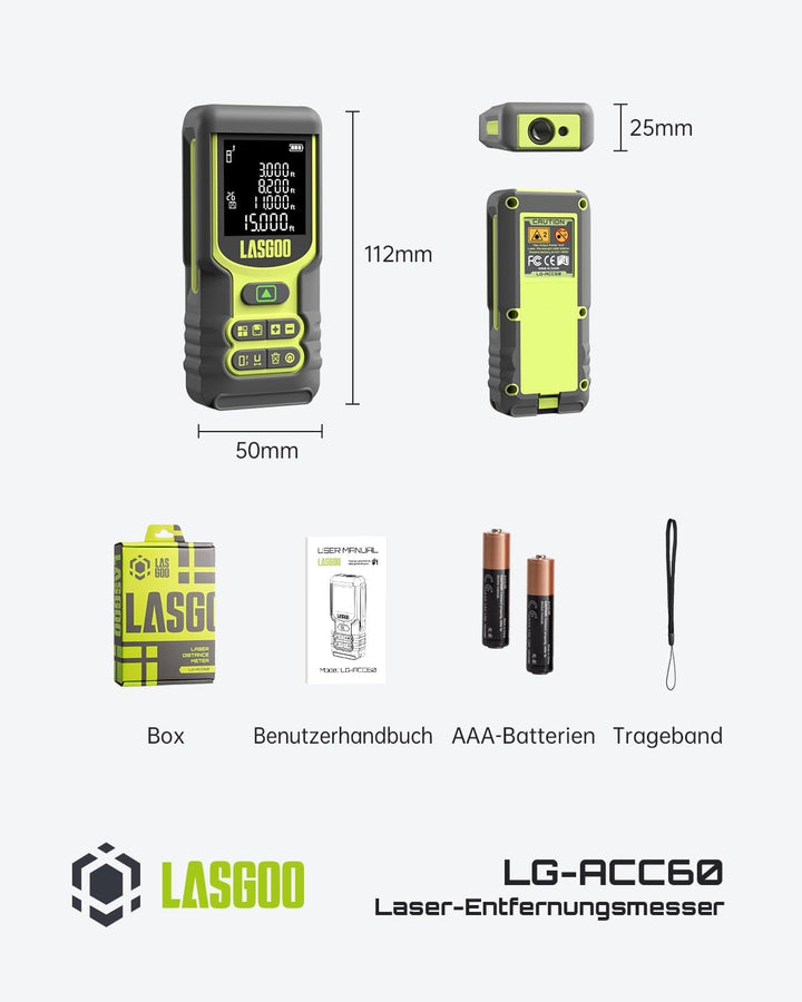 Laser Entfernungsmesser, LASGOO 60m/197ft Laser-Messgerät mit Ft/In/M, LCD-Hintergrundbeleuchtung, P