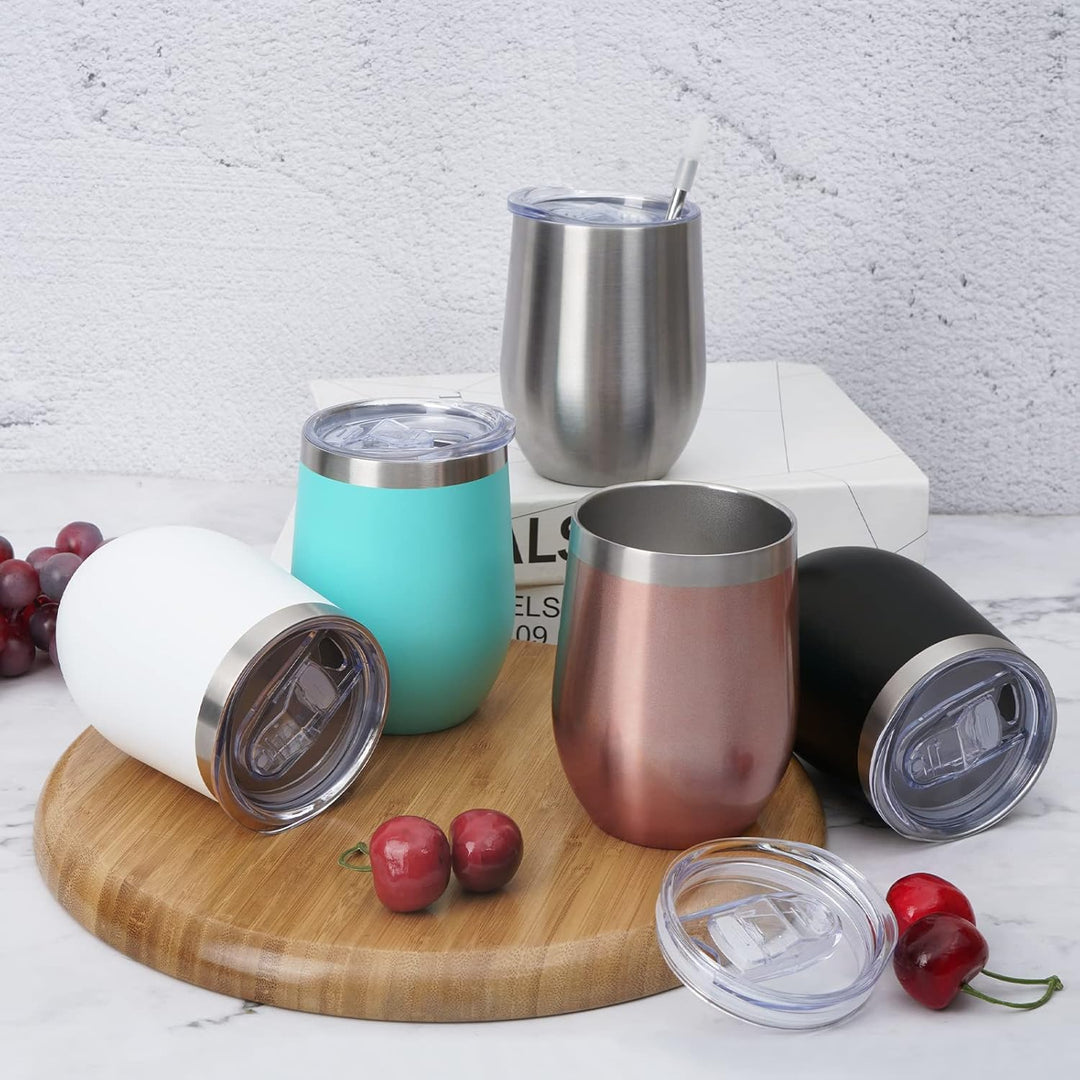 Joymaking 4 Stück Weinbecher Edelstahl, Stemless Weinbecher mit Deckel, Doppelwandige Unbreakable Tr