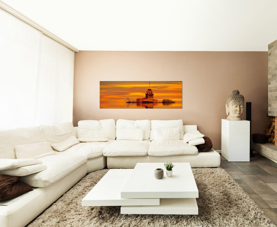 Paul Sinus Art Panoramabild auf Leinwand und Keilrahmen 150x50cm Istanbul Leuchtturm Sonnenuntergang