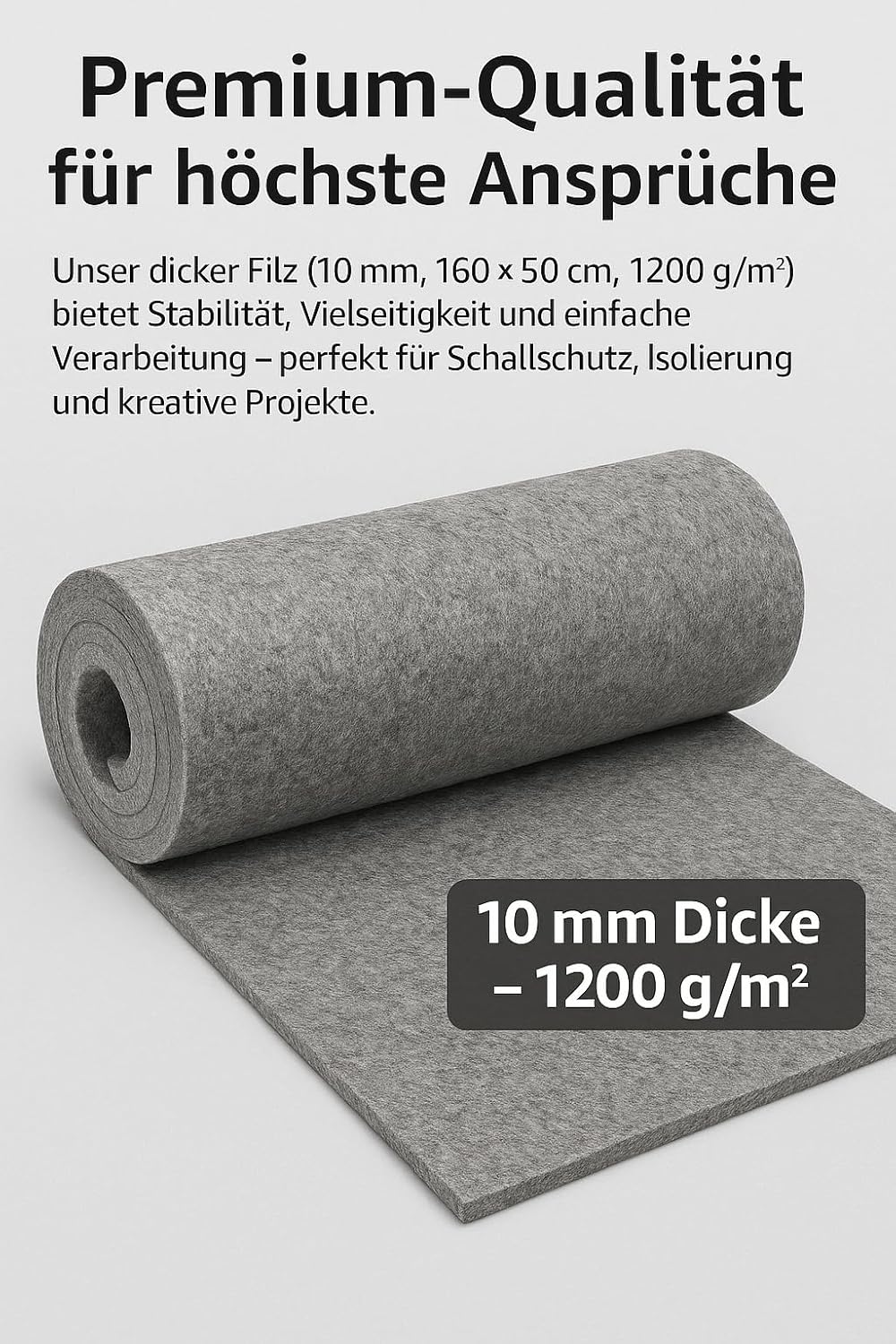 Dicker grauer Filzstoff 10 mm – 160x50 cm – robuster Polyesterfilz für Handwerk, Dämmung & Schallsch