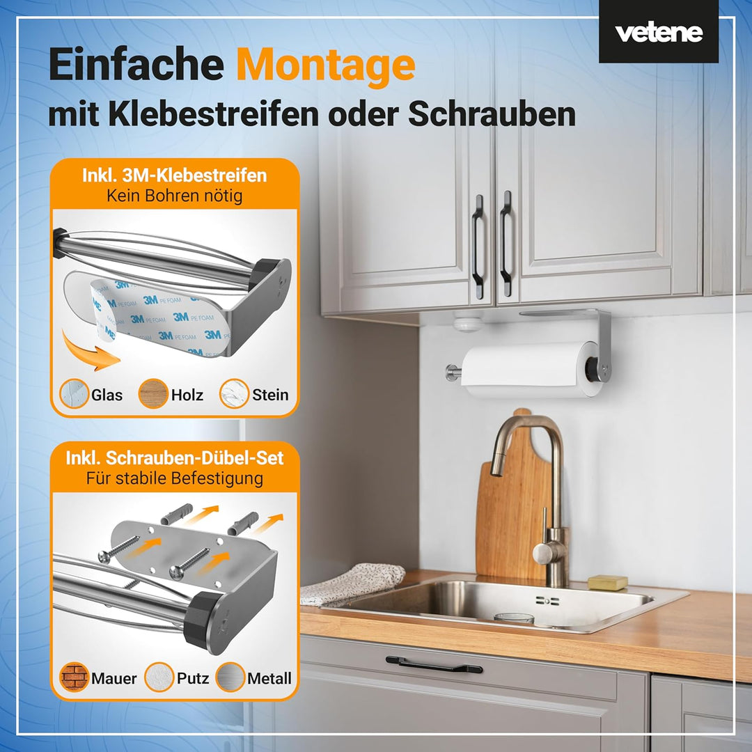 vetene® Premium Küchenrollenhalter ohne Bohren [Zum Einhändig Abreissen] – Edelstahl Silber – mit Ab