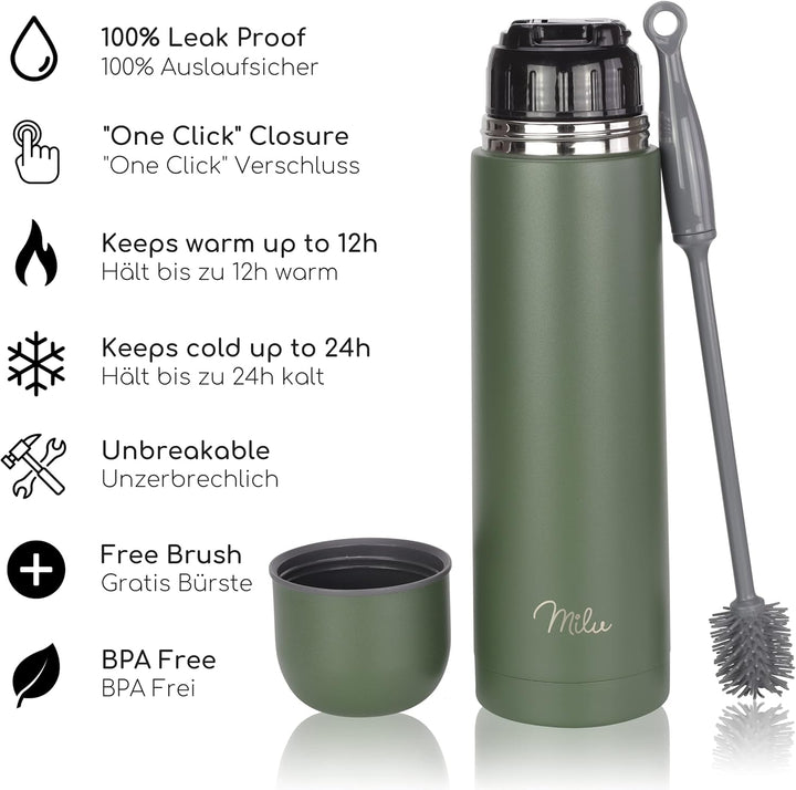 Milu Thermosflasche Thermoskanne Isolierflasche 1L, 750ml, 500ml - Isolierte Edelstahl Trinkflasche,