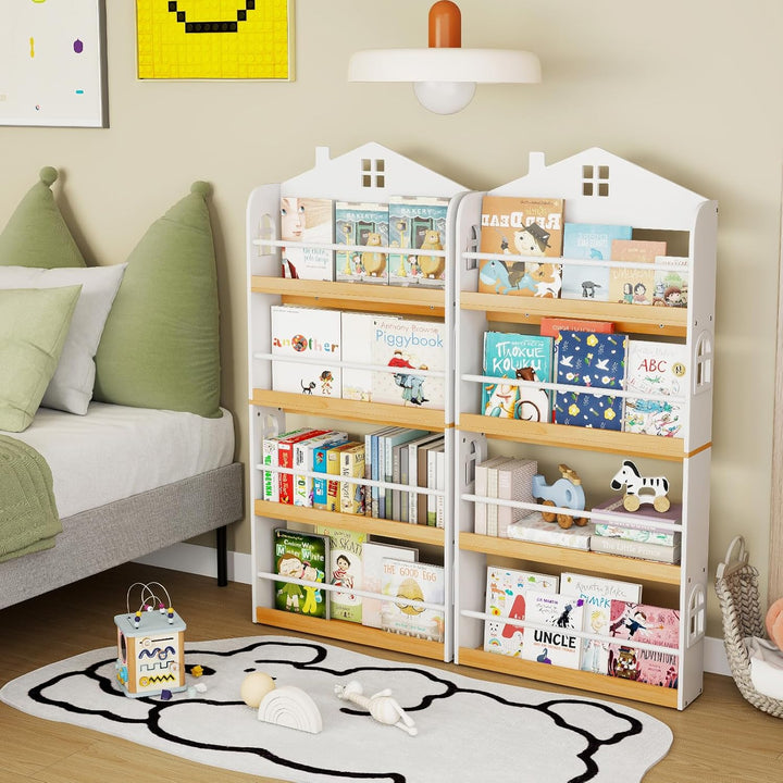 COSTWAY Bücherregal Kinder in Hausform, Kinderregal mit 4 Ablagen & Metallstangen, Wandregal schmal,