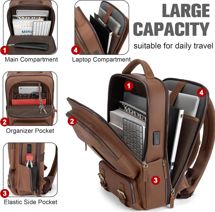 Tzowla Lederucksack Herren,Tasche für Damen Echtleder,Laptop Rucksack für Business und Arbeit für 15