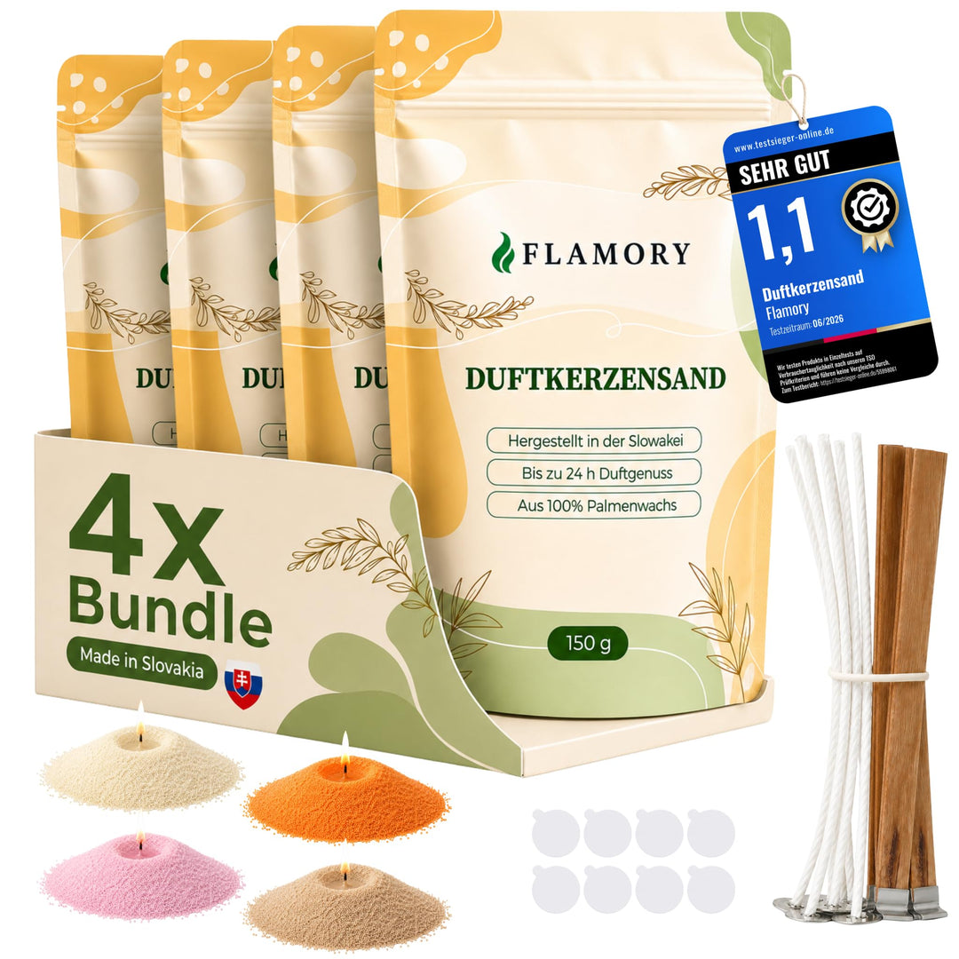 Kerzensand mit Duft Elegance Set 4x150g – [Vanille/Orange/Sandelholz/Rose] – 12 Dochte inklusive – 1