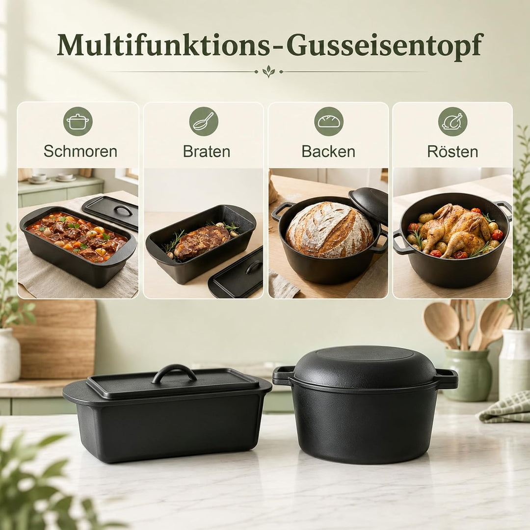 Gusseisen Topf 26cm Brot Backen, Brotbackform mit Deckel, Gärkorb, Robuste Brotbackform mit Deckel,
