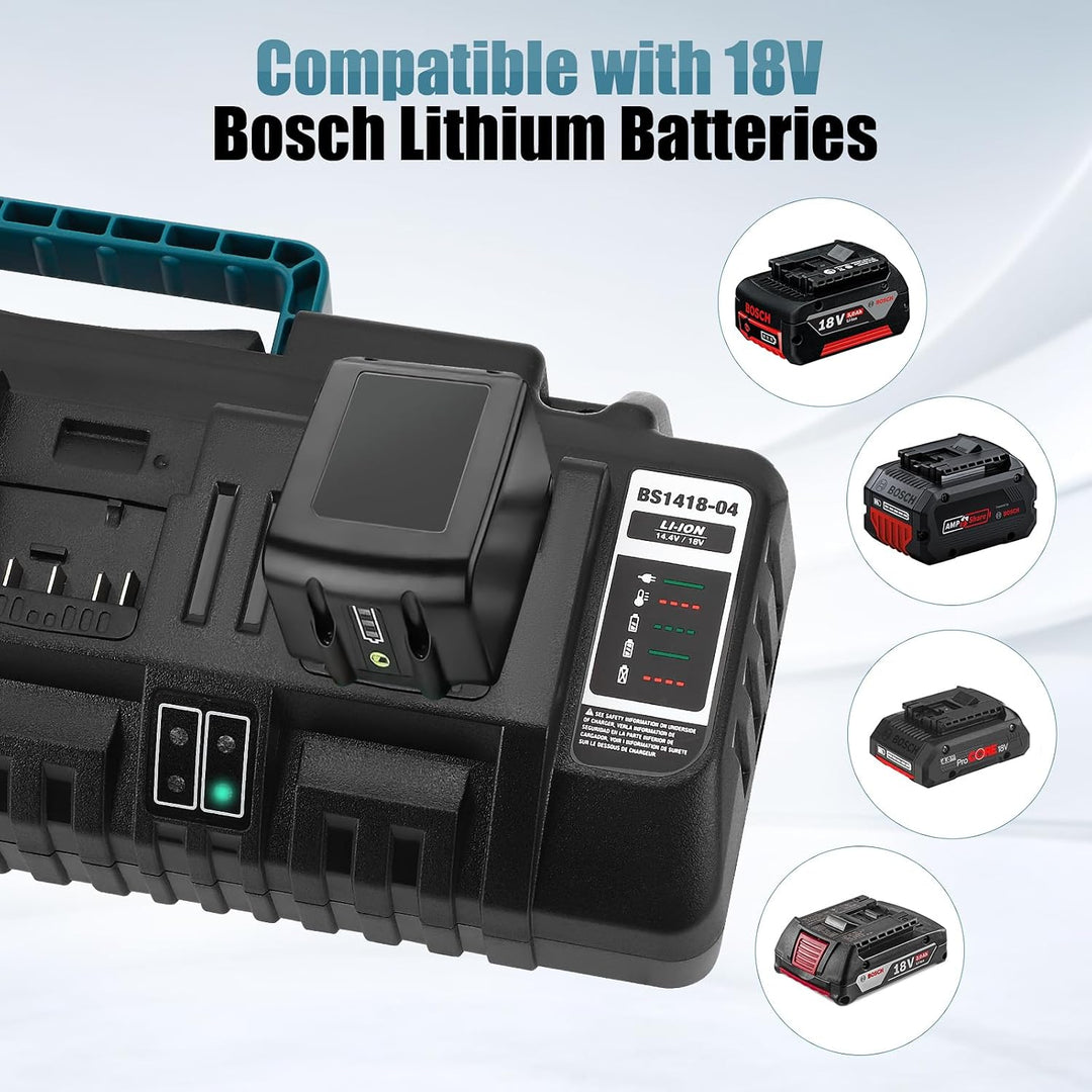 4‑Fach Akku‑Schnellladegerät mit Dual‑USB‑Anschlüssen | Für 14,4V‑18V Lithium‑Ionen‑Akkus, LED‑Anzei