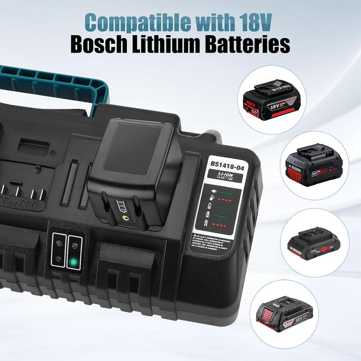 4‑Fach Akku‑Schnellladegerät mit Dual‑USB‑Anschlüssen | Für 14,4V‑18V Lithium‑Ionen‑Akkus, LED‑Anzei