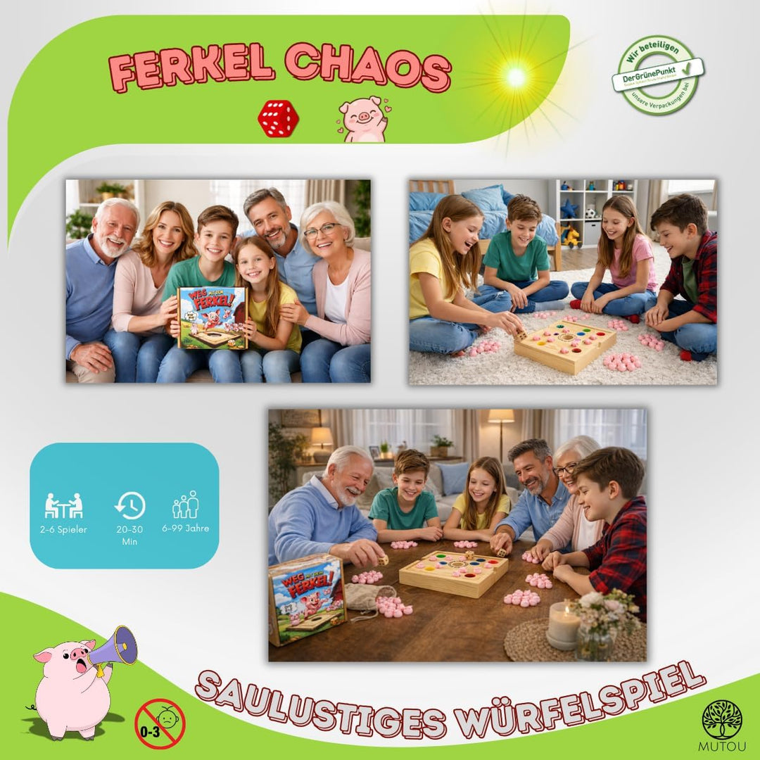 Mutou Weg mit dem Ferkel! – Das saulustige Big Hole Würfelspiel aus Holz | 60 Schweinchen | Schweinc