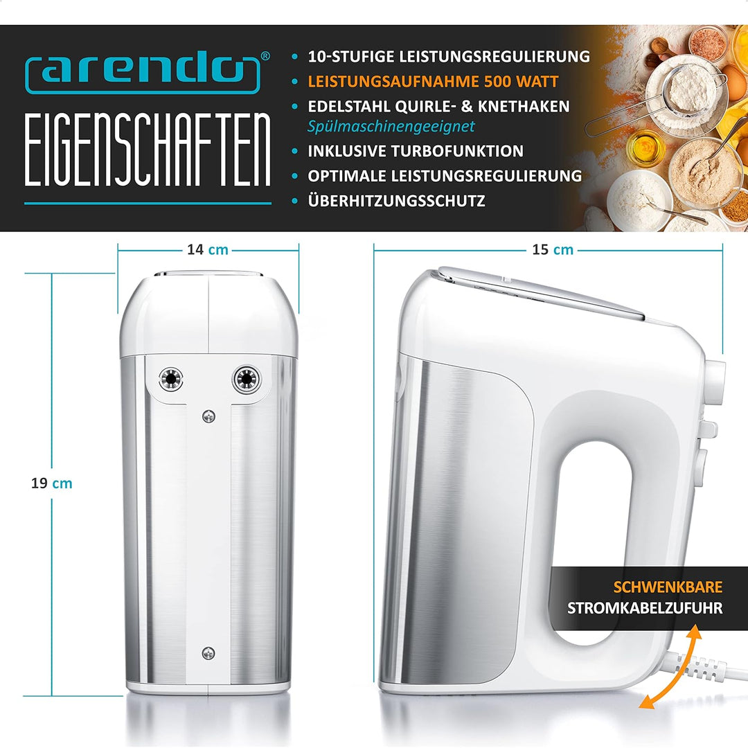 Arendo - Elektrischer Handmixer Handrührer 500 W - inkl. 2 Rührbesen und 2 Knethaken aus Edelstahl –