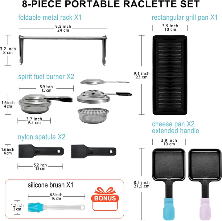 Tragbarer Mini Raclette Grill für 2 Personen, Antihaft Käse Schmelzer mit Grillplatte, 2 Brenner für