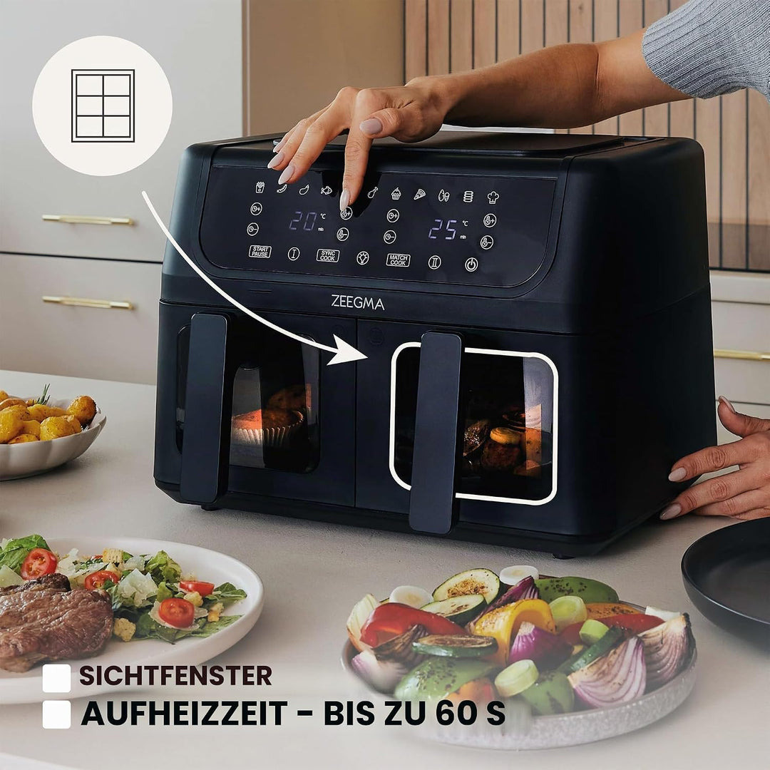 ZEEGMA KNAPPER DUAL Heissluftfritteuse 1700 W, 2 Fächer, 9 L Fassungsvermögen, Timer bis zu 60 Min.,