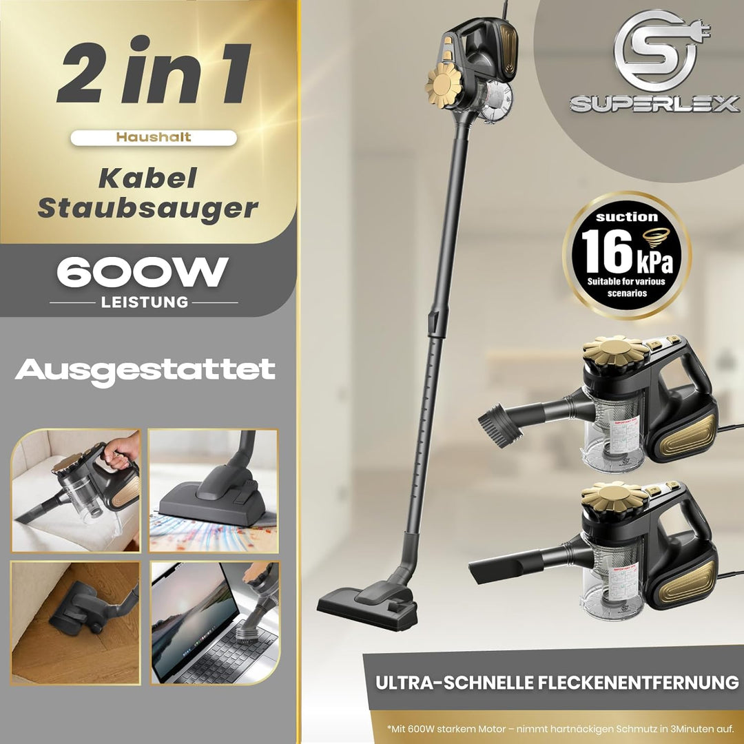 Staubsauger Mit Kabel Beutellos Stielstaubsauger 16KPA Starke Saugleistung 600W Staubsauger Mit HEPA