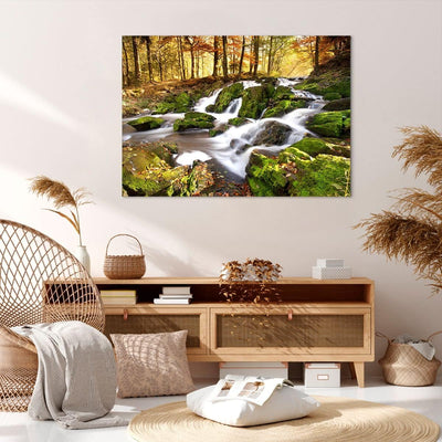 ARTTOR Bilder auf Leinwand 100x70cm Leinwandbild Sonne Berg Bach Park Gross Wanddeko Bild Schlafzimm