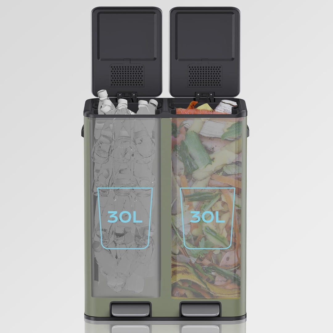 Mülleimer 60 Liter aus Stahl Treteimer Abfalleimer mit 2 Inneneimern aus Kunststoff (2x 30L) - Sanft