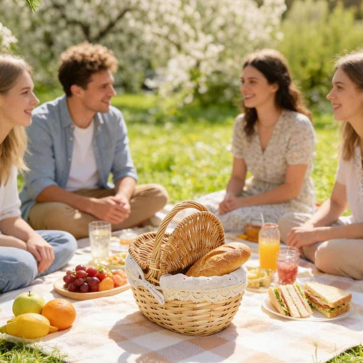 Gewebter Picknickkorb, rustikaler Behälter mit Deckel, geflochtener Aufbewahrungskorb aus künstliche