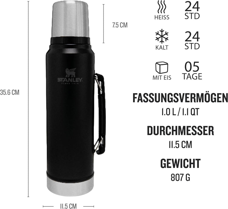 Stanley Classic Legendary Thermosflasche Edelstahl 1L - Thermos Hält 24 Stunden Heiss oder Kalt - Ed