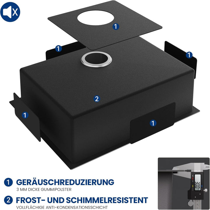 CECIPA Spülbecken Schwarz(Anthrazit) 60×49 cm, Edelstahl Waschbecken Küche mit Siphon und Überlauf,