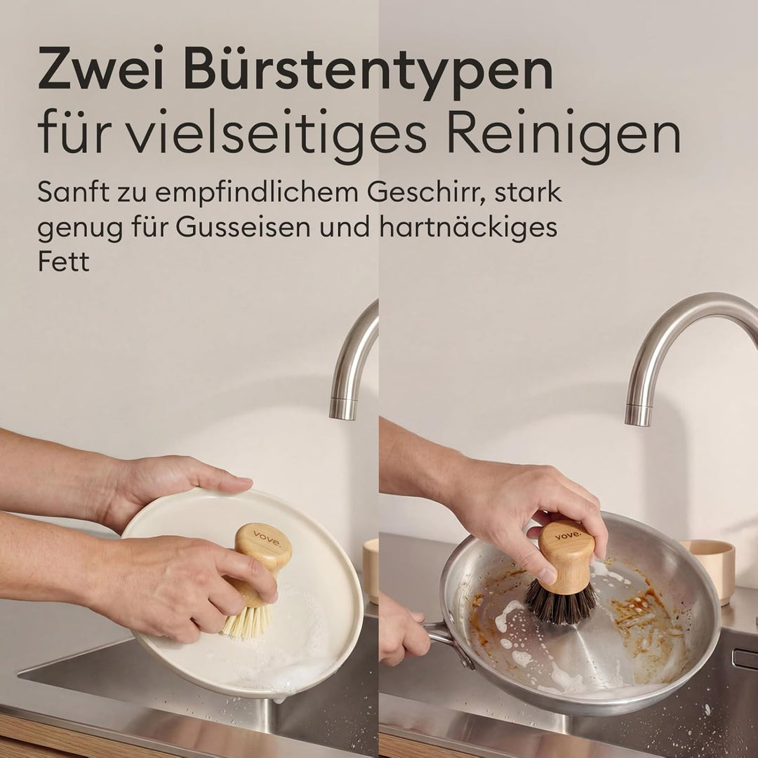 Vove Küchen-Reinigungsset – Bambus-Spülbürste mit Ersatzkopf, 2 Scheuerbürsten & 2 Scheuerschwämme –